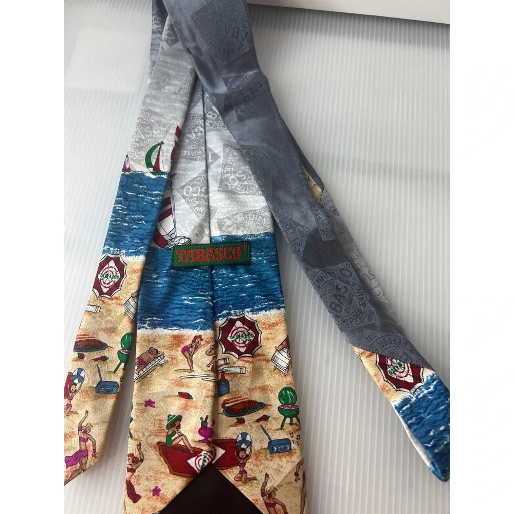 Tabasco Mens Silk Tie Beach Scene Sailboat Novelty Necktie Blue Grey Made in USA
